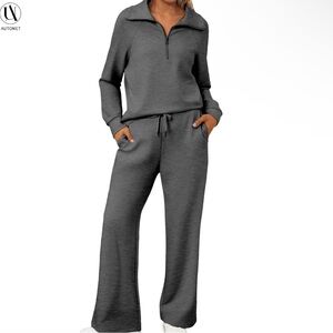 Grey Two-Piece Lounge Set | Half-Zip Pullover & Wide Leg Sweatpants